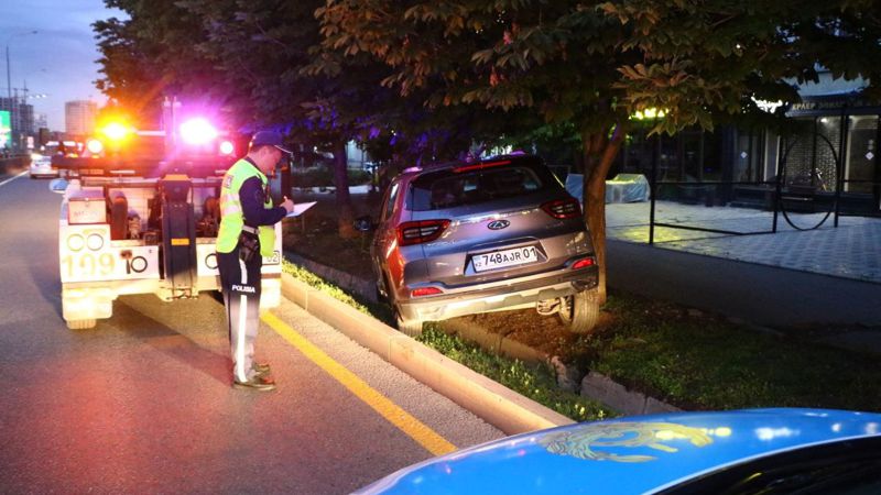 Кроссовер врезался в дерево и провалился в арык в Алматы