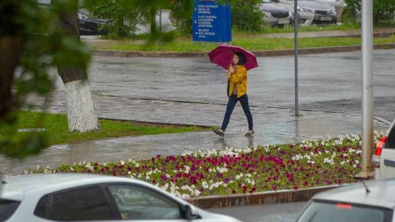 Девушка с зонтом Сильная жара, гроза и шквал ожидаются в Казахстане в воскресенье