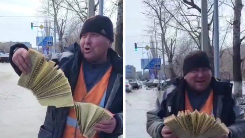 работник ЖКХ Работник коммунальных служб с гармошкой в Актобе повеселил горожан