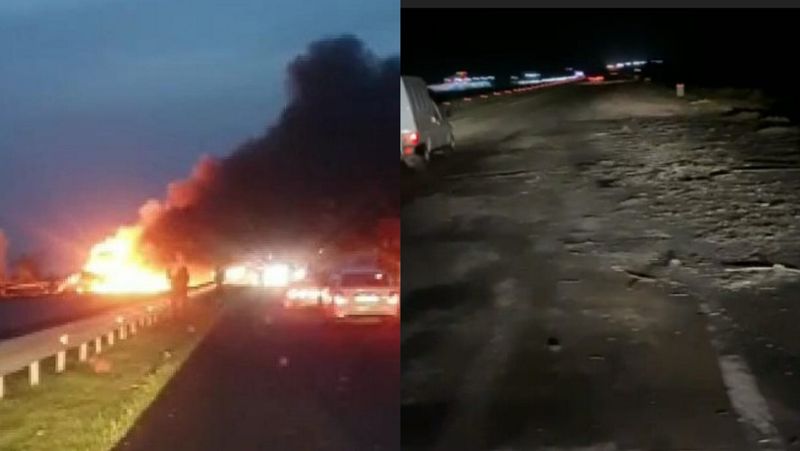 Грузовик горит на дороге Большегруз Вольво