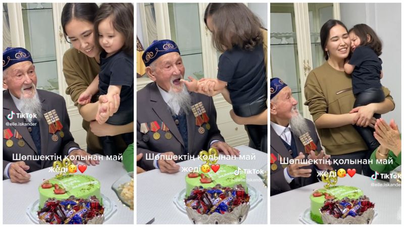 99-летний дедушка с внучкой и правнучкой Видео с 99-летним дедушкой и его праправнучкой умилило казахстанцев
